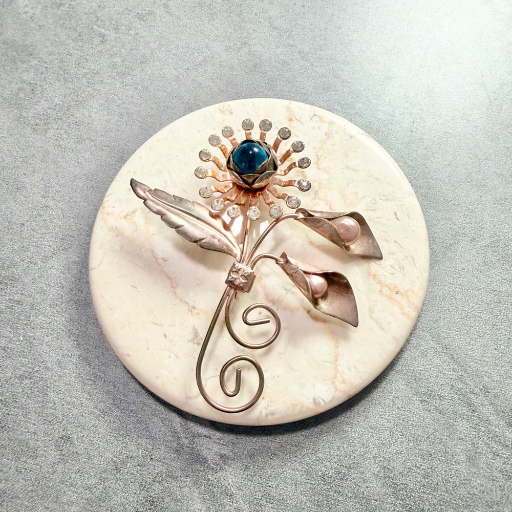 Vintage Floral Rose Gold-Tone Brooch Crystals Blue Cabochon Faux Pearl Retro